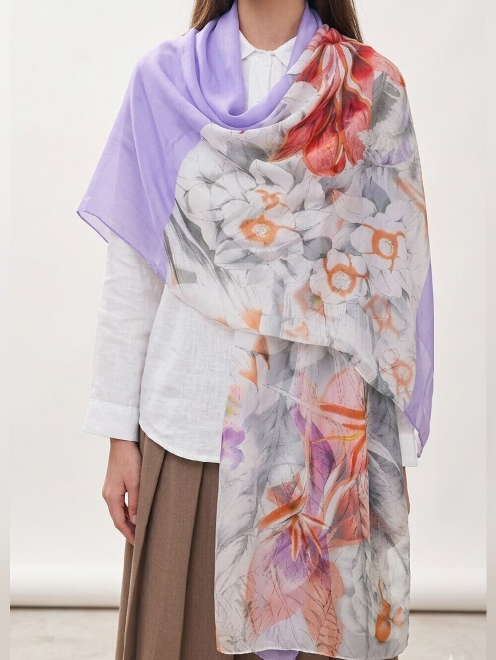NWT Floral Chiffon Scarf Lightweight Shawl Wrap Lavender & White - 63" × 20"